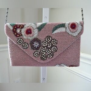 Anthropologie Beaded Clutch Purse with silver chain strap